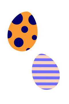 Two decorative Easter eggs in modern flat design - one orange with navy polka dots and one striped in purple and pink. Minimal vector illustration perfect for holiday cards, patterns and spring design