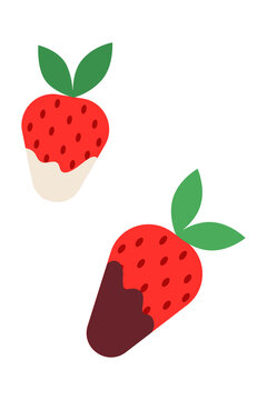 Set of two chocolate covered strawberries in flat design style. Minimal vector illustration of sweet dessert berries with white and dark chocolate dipping. Perfect for Valentine's Day, food packaging