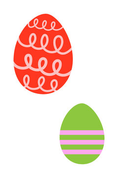 Two decorative Easter eggs in modern flat design - one red with scribbles and one striped in green and pink. Minimal vector illustration perfect for holiday cards, patterns and spring design, article