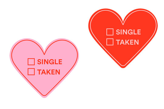 Naklejki Valentine's Day relationship status hearts in pink and red with single or taken checkboxes. Vector illustration for dating apps, social media, romantic designs, article, relationship concept graphics