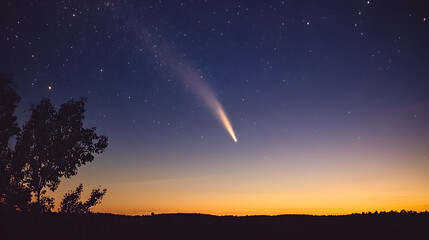 Fototapeta premium A breathtaking sunset illuminates the horizon as a comet streaks across a starlit sky. Silhouetted trees add a touch of earthly beauty to this celestial event.