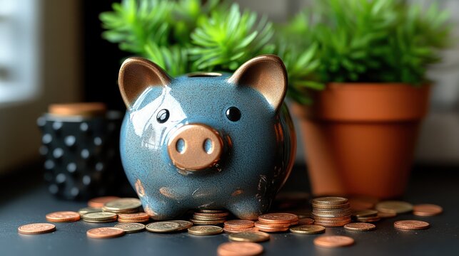 A piggy bank beside a thriving plant, with scattered coins symbolizing savings and financial growth. Soft, warm lighting adds a peaceful touch.