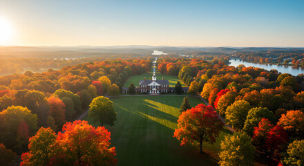 Aerial view of majestic autumnal estate with vibrant red and gold trees surrounding a classic brick mansion on a sunny day on transparent background