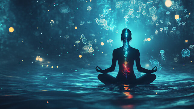 Deep-Sea Meditation: Bioluminescent Chakras with Prismatic Light Beams