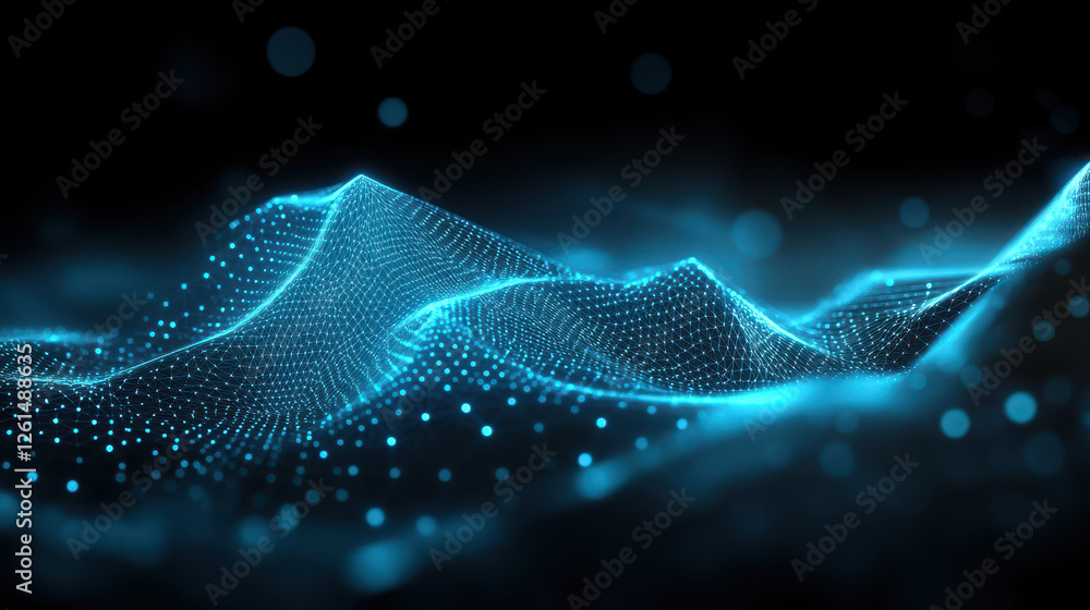 Poster abstract blue glowing particles wave on a dark background with a bokeh effect