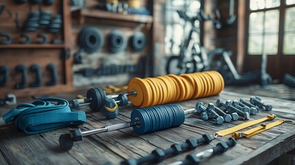 Vintage-Inspired Home Gym Equipment Display on Rustic Wooden Workbench