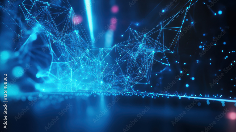Aufkleber abstract blue glowing particles wave on a dark background with a bokeh effect