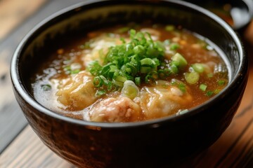Close-up of wonton soup in a bowl, garnished with green onions. A delicious and comforting Asian-style soup perfect for food blogs or restaurant menus.