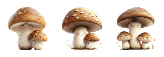 Cute Mushroom Characters on Transparent Background