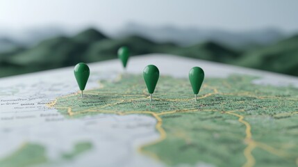 Green pins mark locations on a map, mountain background, travel planning