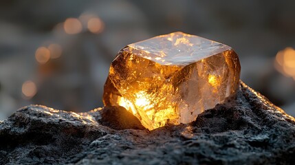 Sparkling amber crystal on a rock.