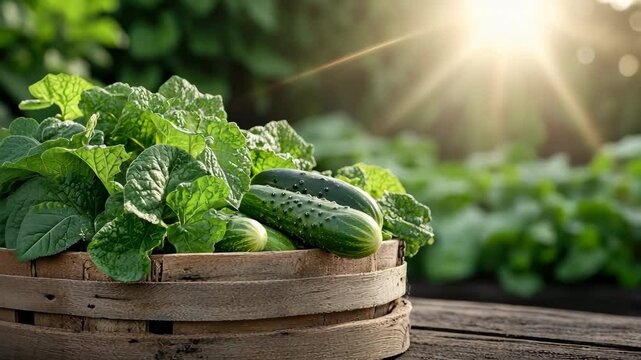 Fresh Cucumbers and Greens in Wooden Basket, Illuminated by Sunlight in Garden
