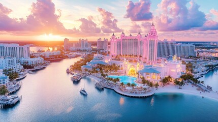 Naklejka premium Stunning Aerial View of Vibrant Resort at Sunset Over Water with Colorful Sky and Yachts