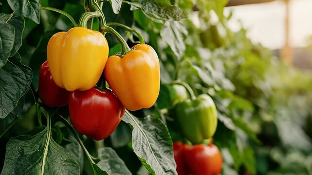 Fresh bell peppers in vibrant yellow, red, and green colors growing in garden vegetable patch