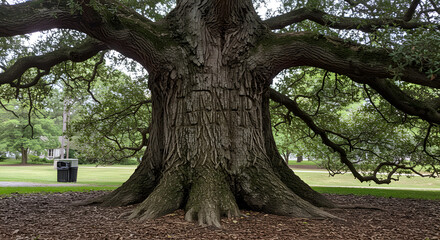 Obraz premium Majestic ancient oak tree in a tranquil green park setting with carved letters on its bark a serene summer day landscape on transparent background old