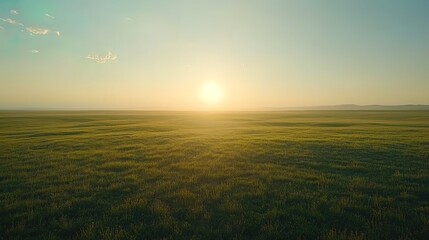 Fototapeta premium Vast grassy plain at sunset. Sunrise, golden light, horizon, flat land, field, green grass