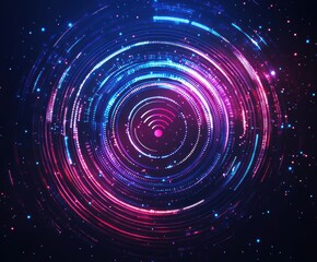 Tech-based radar wave light. Internet data transfer, frequency beeps, 5G connection symbol. Digital neon Wi-Fi icon radiating electronic signals in circular waves

