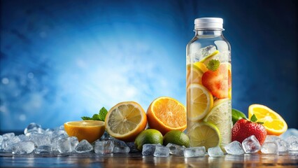 Energy drink bottle with ice and fruit slices in the background, chilled beverages, pool parties, energy drink, fruity flavors