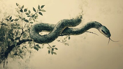 A snake intertwined with a tree branch 