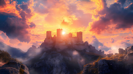 Ancient fortress under glowing sunset sky in rocky landscape. generative ai. Solar Flare Castles. Illustration