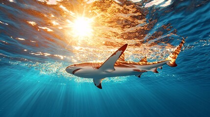 Obraz premium Majestic Shark Swimming Gracefully Underwater with Sunlight Filtering Through Ocean Surface
