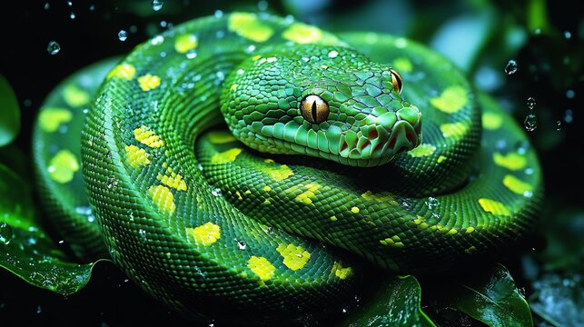 A vibrant green tree python coiled elegantly around a branch 