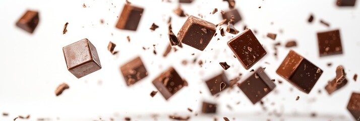 Chocolate Squares Falling on White Background