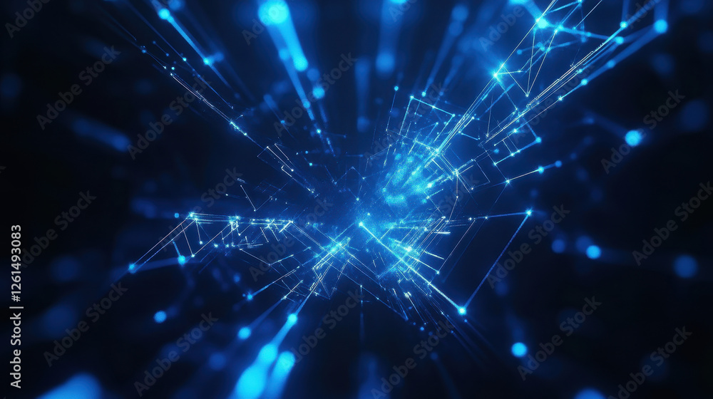 Poster abstract background with dark blue glowing digital connections, a network of dots and lines in space
