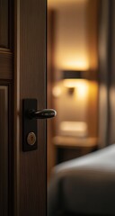 Obraz premium Open wooden door to a bedroom with warm interior light