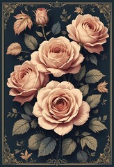 Elegant Peach Roses with Ornate Frame and Dark Background Artwork