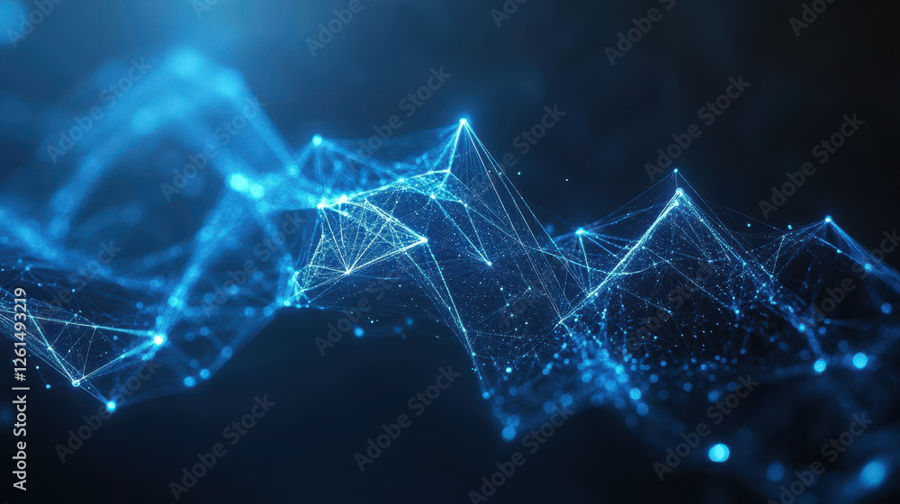 Poster abstract background with dark blue glowing digital connections, a network of dots and lines in space