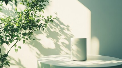 Sunlight Illuminates Minimalist Studio Scene with Greenery and White Cylinder