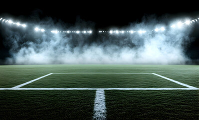 A captivating view of a brightly lit soccer stadium field enveloped in a dramatic mist, illuminated by powerful stadium lights at night