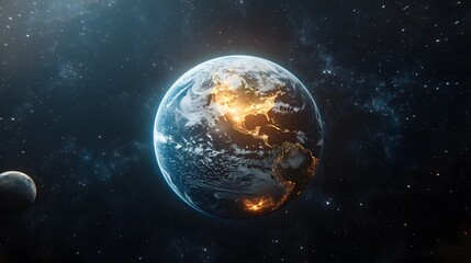 Obraz premium Stunning view of Earth from space, showcasing the illuminated continents at night against a backdrop of stars and a distant moon. A breathtaking cosmic scene.
