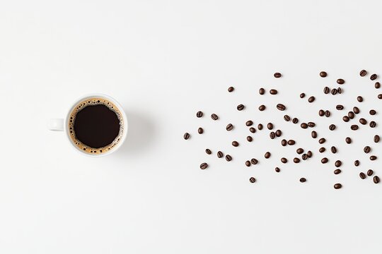 White table, coffee cup, coffee beans, simple, minimalist, morning, breakfast, drink, ready to enjoy