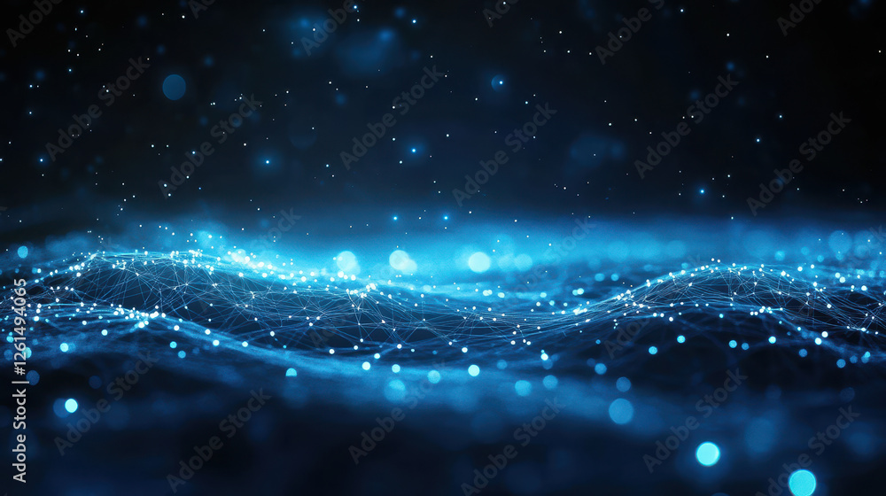 Poster abstract blue digital technology background with glowing connections and grid lines on a dark space