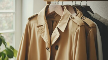 Beige Trench Coat Hanging on Wooden Hanger near Window