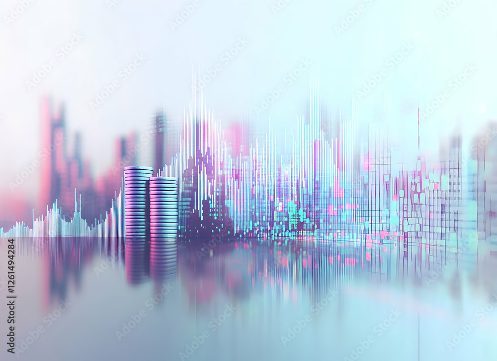 Poster abstract financial growth concept with stacked coins and a dynamic data visualization, depicting wea