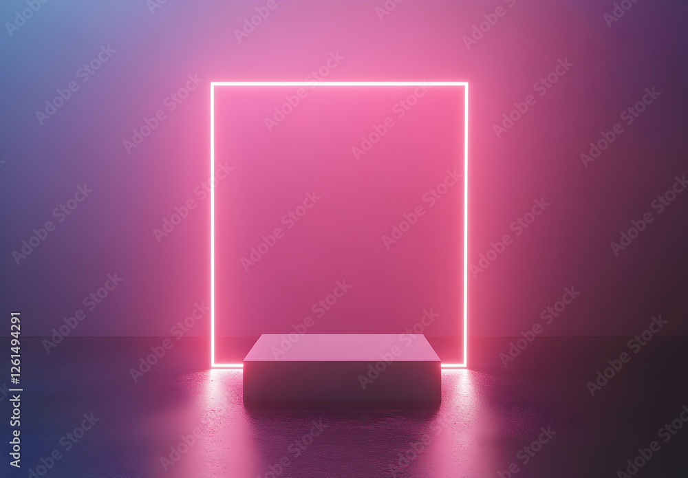 Poster abstract neon platform with glowing square outline, a modern display for products or futuristic conc