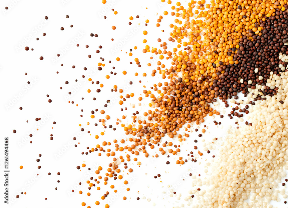 Aufkleber an overhead view of assorted mustard seeds on an isolated white background showcasing different vari