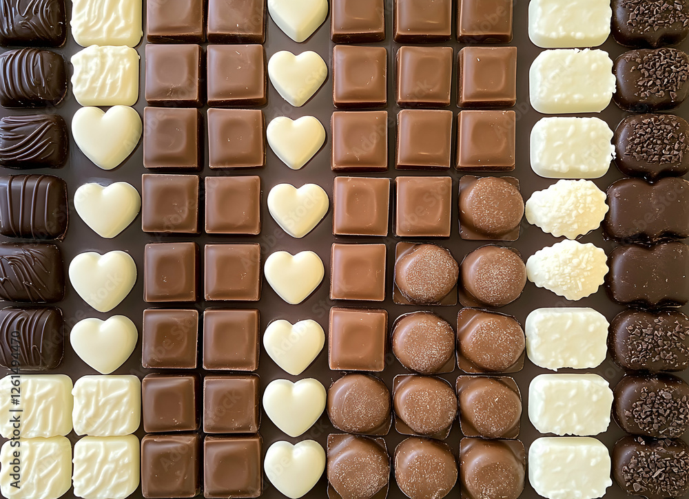 Poster an overhead view of a delectable assortment of chocolate candies arranged in a harmonious and visual