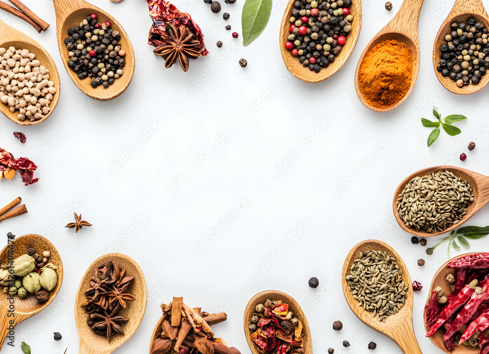 Poster an overhead still life composition featuring a diverse array of spices and herbs arranged in wooden 