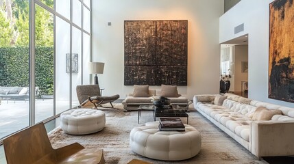 Sophisticated living room with contemporary art and natural light streaming in