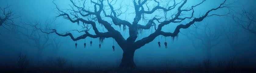 Obraz premium Haunting Misty Landscape with Gnarled Trees and Foggy Atmosphere