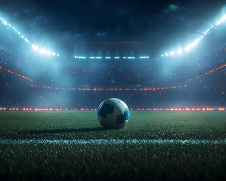 Fototapeta An electrifying soccer match under the vibrant stadium lights, capturing the exhilarating energy of a pivotal sporting event, full of passion