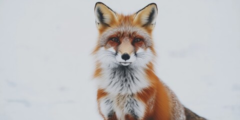 Fox in winter landscape with snow-covered surroundings showing detailed fur and alert expression