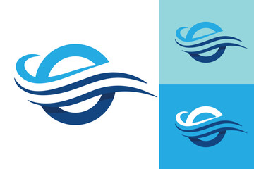 The image shows a flat logo design that depicts a letter O in blue color with three wavy waves cut through on a white background