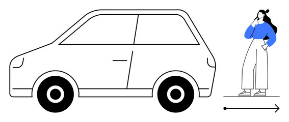 Naklejka premium Woman standing next to a car, thinking. Direction arrow indicates future movement or decisions. Ideal for decision-making, travel planning, future, goals, contemplation progress journey. Minimalist
