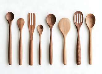 Artisanal collection of handcrafted wooden cooking utensils, displaying various spoons and fork, isolated on a white surface to enhance the natural wood grain