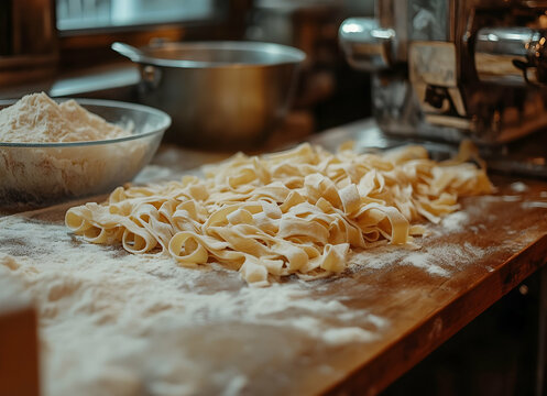 Artisanal pasta preparation, Close-up showcases fresh fettuccine, flour dusting, and a vintage pasta machine, emphasizing the culinary tradition and homemade appeal